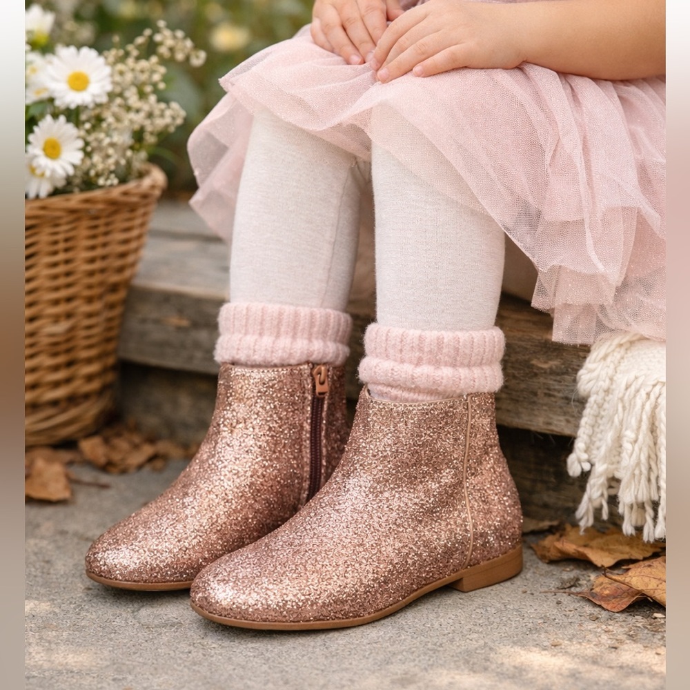 NWT ZARA Girls Rose Gold Glitter Ankle Boots
